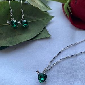 Green heart earrings and necklace set